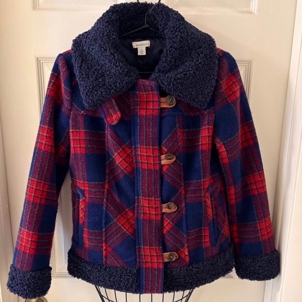 Sundance XS Plaid Wool Blend Jacket Sherpa Collar Button Front Womens Toggle